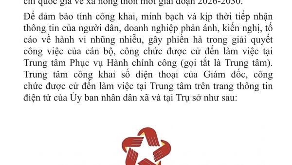 Công khai số điện thoại Giám đốc, công chức được cử đến làm việc tại Trung tâm Phục vụ hành chính công xã Bằng Mạc