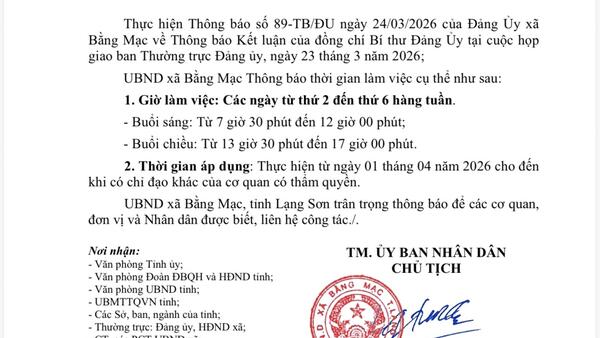❇️UBND xã Bằng Mạc thông báo điều chỉnh giờ làm việc trong ngày